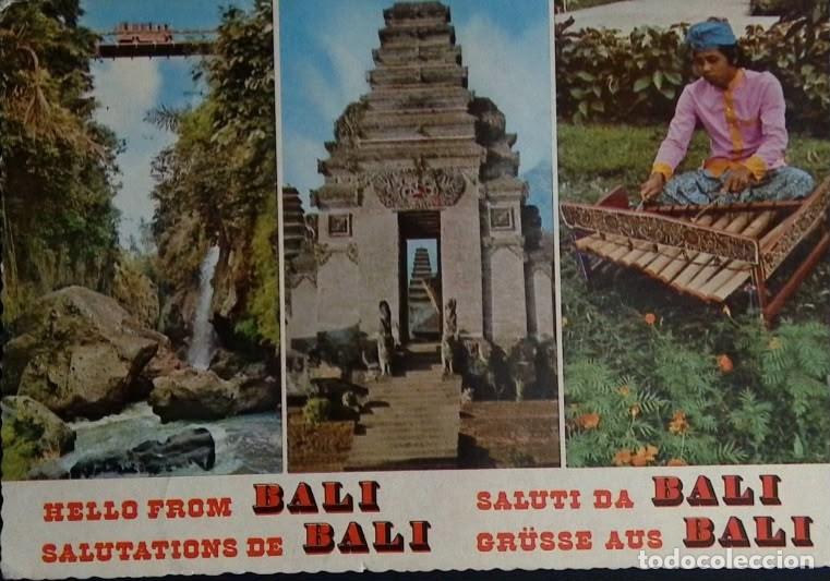 Sellos: KV) 1975 INDONESIA,MULTI-VIEW POSTCARD OF BALI SHOWING A RIVER GORGE, A TRADITIONAL TEMPLE AND A MUS