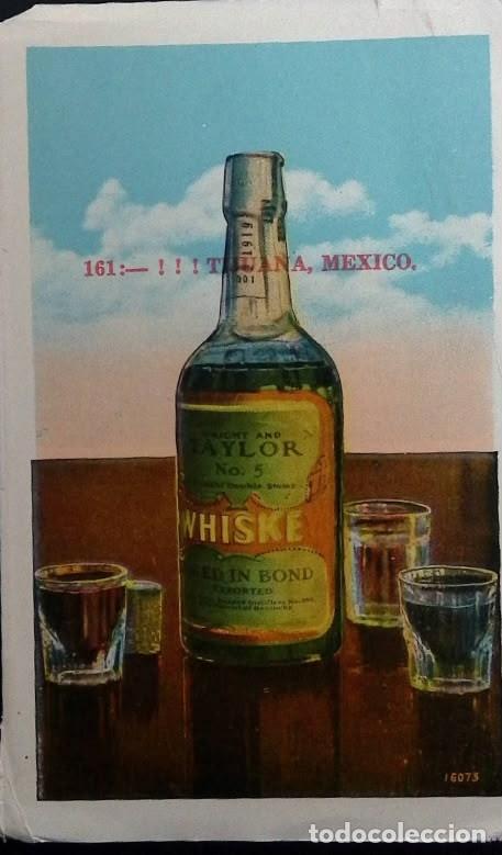 Sellos: KV)1950, MEXICO, ILLUSTRATED POSTCARD FROM TIJUANA SHOWING A WHISKY BOTTLE AND GLASSES AS A TOURIST