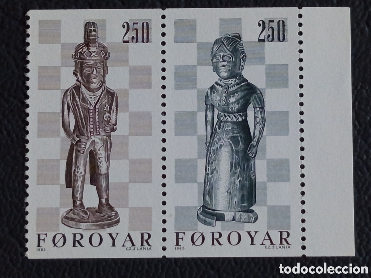 Sellos: Pareja Sellos Islas Feroe 1983 Figuras Ajedrez Madera Grabado Słania 250 Se-tenant MNH