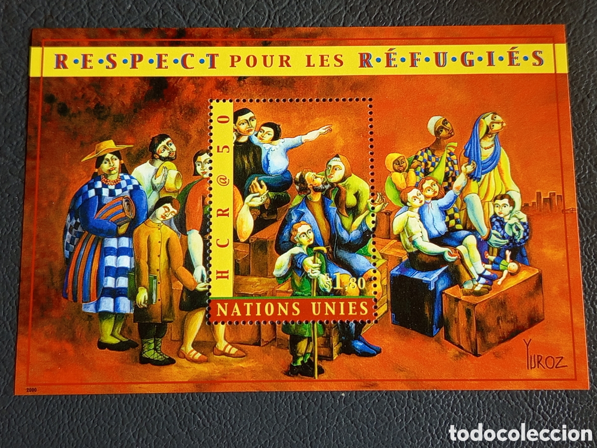 Sellos: Hoja Bloque ONU Ginebra 2000 HCR Respeto Refugiados Yuroz Cat Michel BL32 Nuevo MNH