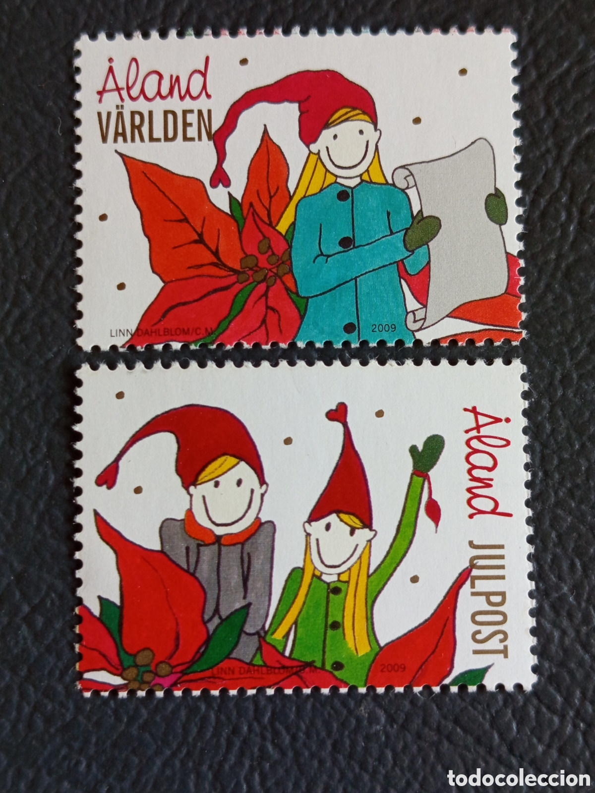 Sellos: Lote 2 Sellos &Aring;land 2009 Navidad e Ilustraci&oacute;n Infantil Linn Dahlblom MNH.