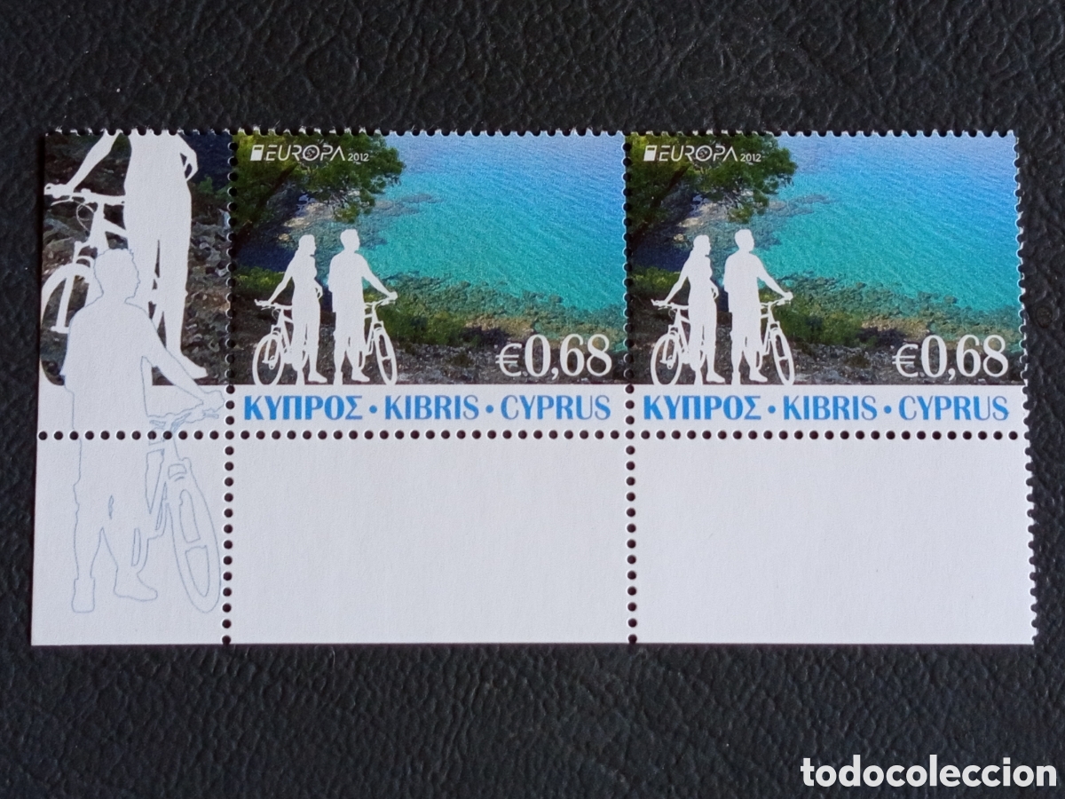Sellos: Pareja de Sellos Chipre 2012 Serie Europa (Ciclismo y Turismo) con Borde Inferior de Hoja MNH.