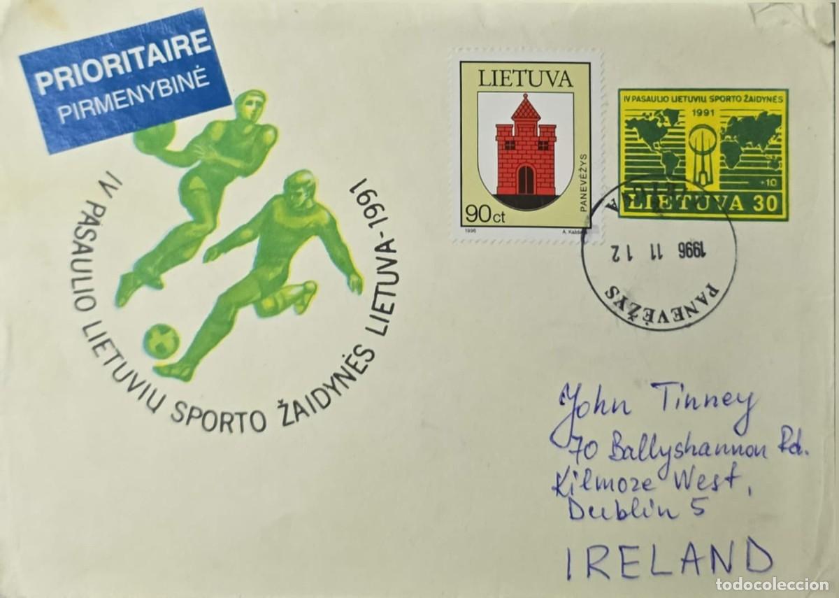 Sellos: O) 1996 LITHUANIA, FOURTH WORLD LITHUANIAN GAMES, COA, T OF ARMS OF PANEVEZYS, PRIORITY MAIL,CIRCUL