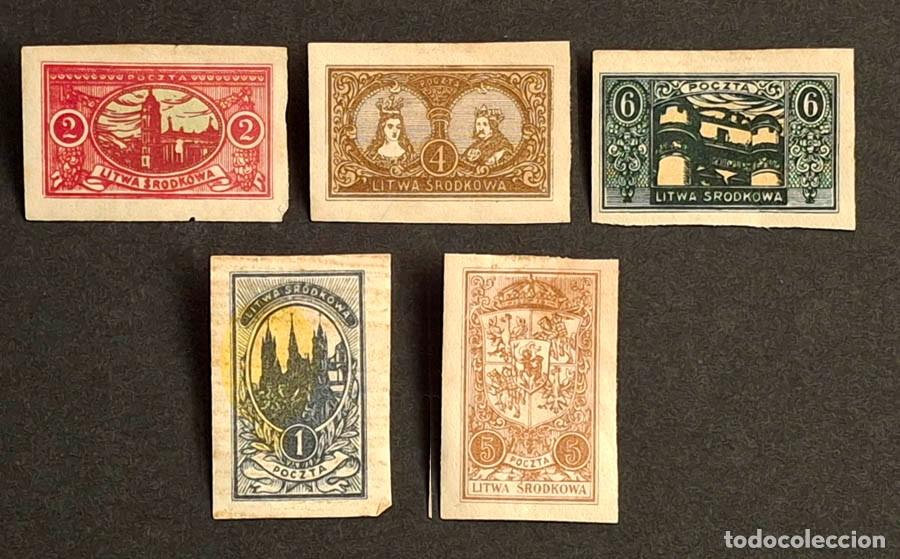 Stamps: 1920-1922, Rep&uacute;blica de Lituania Central 5 sellos con fijasellos