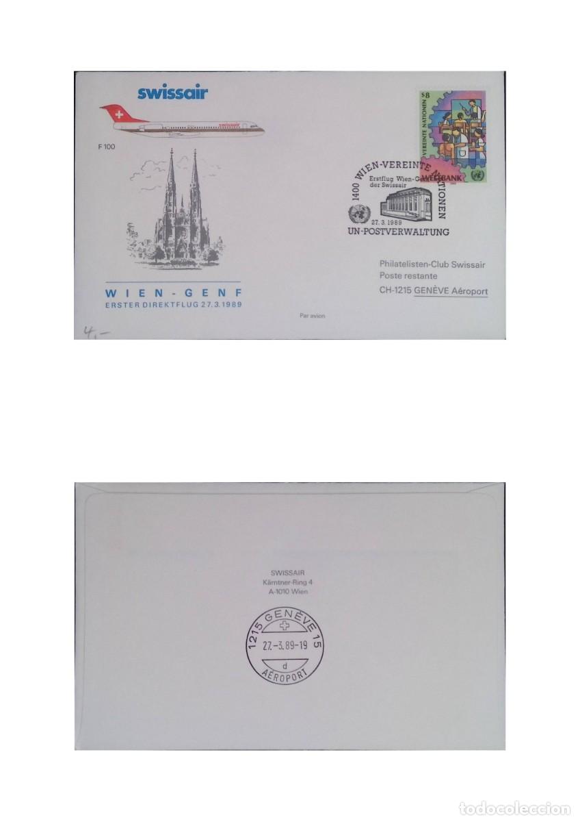Sellos: O) 1989 UNITED NATIONS-VIENNA, SWISSAIR, WORLD BANK, HEALTH CARE, EDUCATION, VIENNA - GENEVA, GE