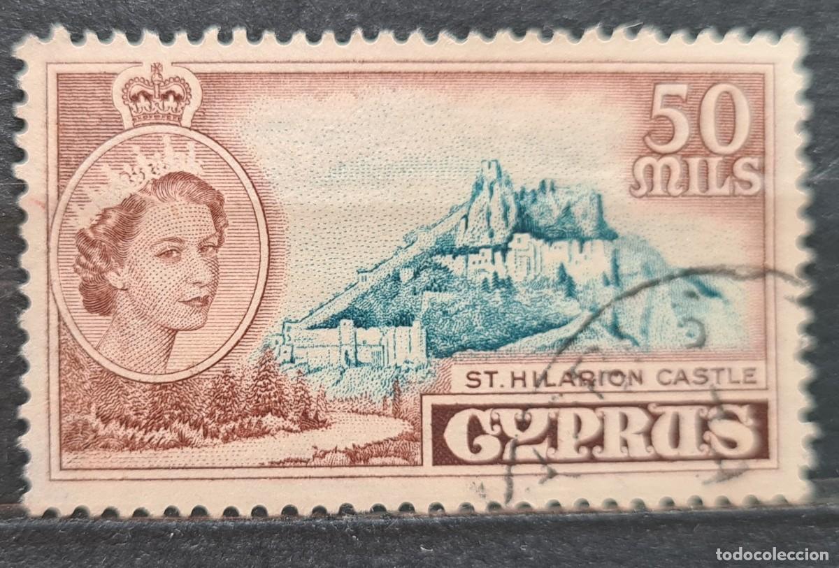 Sellos: Sello usado de Chipre 1955: Elizabeth II y castillo de San Hilarion