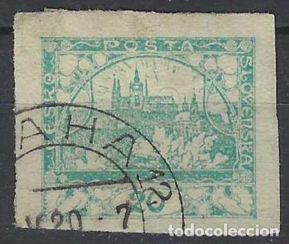 Stamps: CHECOSLOVAQUIA 1918 - VISTA DEL CASTILLO DE PRAGA, VERDE AZULADO - USADO