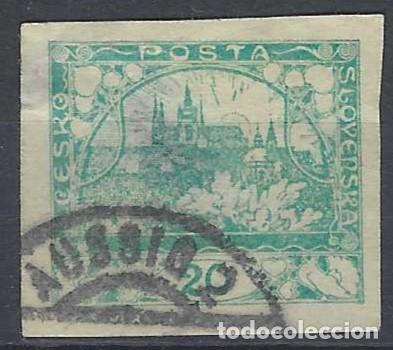 Sellos: CHECOSLOVAQUIA 1918 - VISTA DEL CASTILLO DE PRAGA, VERDE AZULADO - USADO