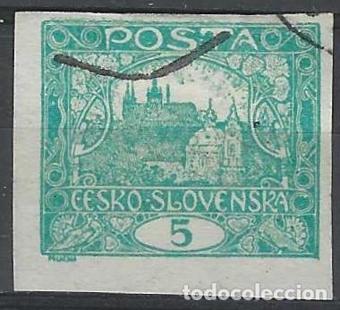 Sellos: CHECOSLOVAQUIA 1919-20 - VISTA DEL CASTILLO DE PRAGA &rdquo;CESKO-SLOVENSKA&rdquo;, SOBRE VALOR - VERDE - USADO