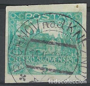 Sellos: CHECOSLOVAQUIA 1919-20 - VISTA DEL CASTILLO DE PRAGA &rdquo;CESKO-SLOVENSKA&rdquo;, SOBRE VALOR - VERDE - USADO