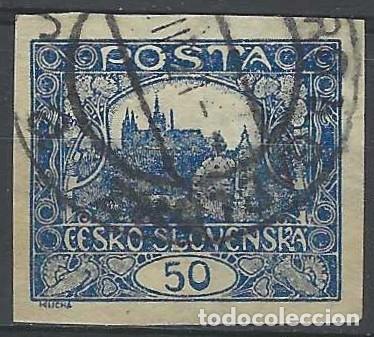 Sellos: CHECOSLOVAQUIA 1919-20 - VISTA DEL CASTILLO DE PRAGA &rdquo;CESKO-SLOVENSKA&rdquo;, SOBRE VALOR, AZUL - USADO