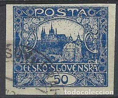Sellos: CHECOSLOVAQUIA 1919-20 - VISTA DEL CASTILLO DE PRAGA &rdquo;CESKO-SLOVENSKA&rdquo;, SOBRE VALOR, AZUL - USADO