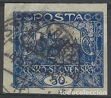 Sellos: CHECOSLOVAQUIA 1919-20 - VISTA DEL CASTILLO DE PRAGA &rdquo;CESKO-SLOVENSKA&rdquo;, SOBRE VALOR, AZUL - USADO