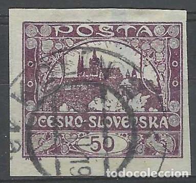 Sellos: CHECOSLOVAQUIA 1919 - VISTA DEL CASTILLO DE PRAGA &rdquo;CESKO-SLOVENSKA&rdquo;, SOBRE VALOR, VIOLETA - USADO