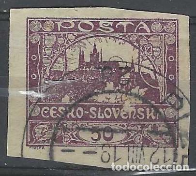 Sellos: CHECOSLOVAQUIA 1919 - VISTA DEL CASTILLO DE PRAGA &rdquo;CESKO-SLOVENSKA&rdquo;, SOBRE VALOR, VIOLETA - USADO