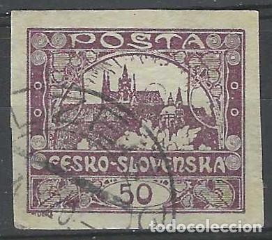 Sellos: CHECOSLOVAQUIA 1919 - VISTA DEL CASTILLO DE PRAGA &rdquo;CESKO-SLOVENSKA&rdquo;, SOBRE VALOR, VIOLETA - USADO