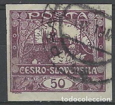 Sellos: CHECOSLOVAQUIA 1919 - VISTA DEL CASTILLO DE PRAGA &rdquo;CESKO-SLOVENSKA&rdquo;, SOBRE VALOR, VIOLETA - USADO