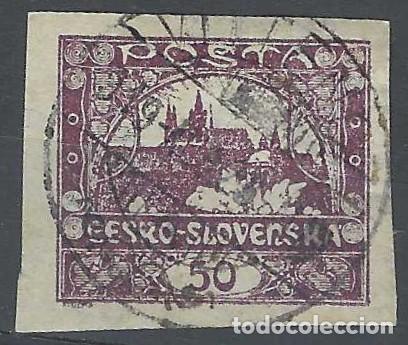Sellos: CHECOSLOVAQUIA 1919 - VISTA DEL CASTILLO DE PRAGA &rdquo;CESKO-SLOVENSKA&rdquo;, SOBRE VALOR, VIOLETA - USADO