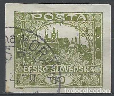 Sellos: CHECOSLOVAQUIA 1919 - VISTA DEL CASTILLO DE PRAGA &rdquo;CESKO-SLOVENSKA&rdquo;, SOBRE VALOR, OLIVA - USADO