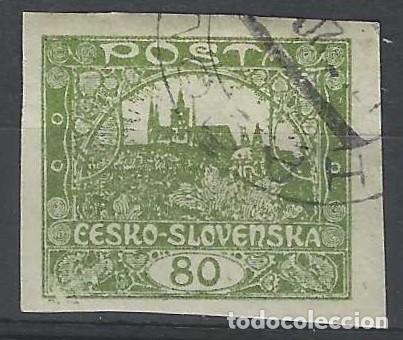 Sellos: CHECOSLOVAQUIA 1919 - VISTA DEL CASTILLO DE PRAGA &rdquo;CESKO-SLOVENSKA&rdquo;, SOBRE VALOR, OLIVA - USADO