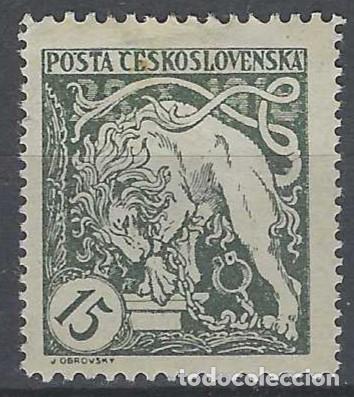 Sellos: CHECOSLOVAQUIA 1919 - 1&ordm; ANIV. DE LA INDEPENDENCIA, VERDE GRIS&Aacute;CEO, DENTADO 11&frac12; - MH*