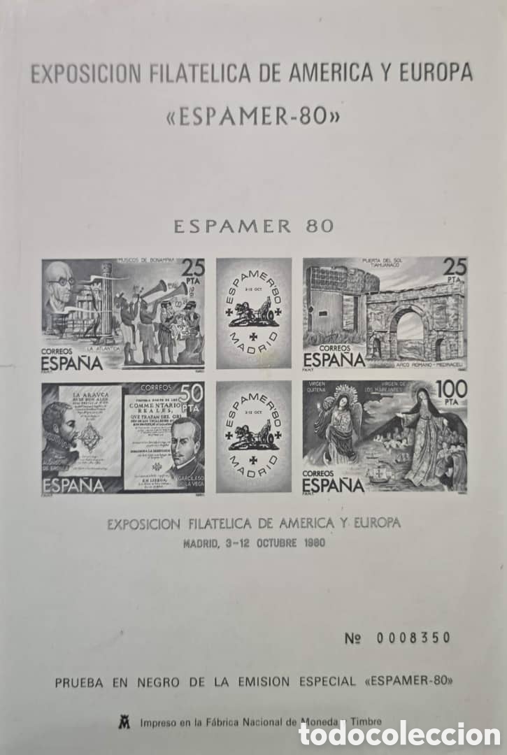 Sellos: Cy) 1980 SPAIN, PHILATELIC EXHIBITION OF AMERICA AND EUROPE ESPAMER-80, BLACK PROOF SOUVENIR SHEET