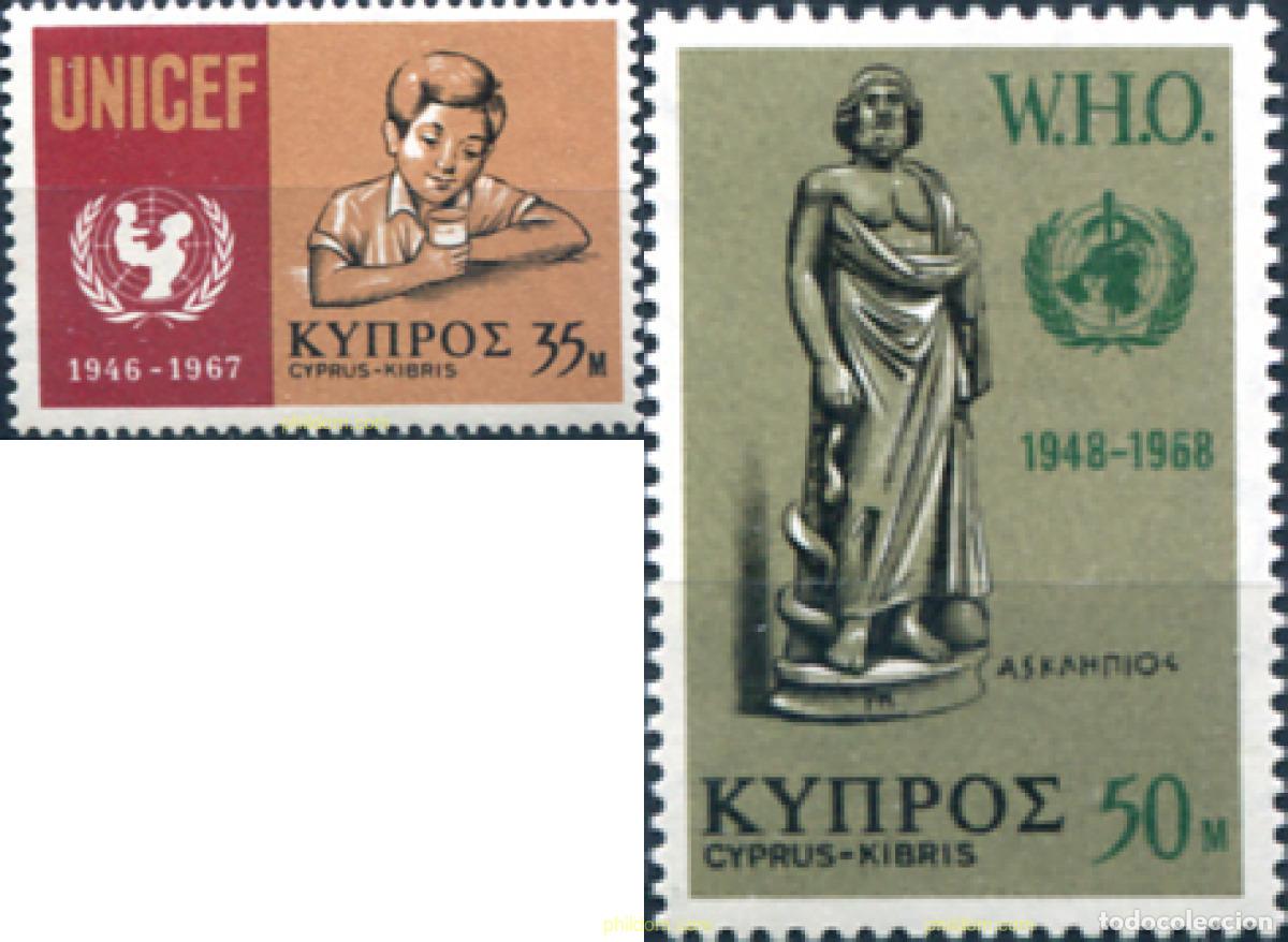 Sellos: 113702 MNH CHIPRE 1968 20 ANIVERSARIO DE LA ORGANIZACION MUNDIAL DE LA SALUD Y 21 DE UNICEF