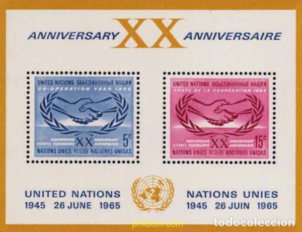Sellos: 127012 MNH NACIONES UNIDAS. Nueva York 1965 20 ANIVERSARIO DE LA ONU Y A&Ntilde;O DE LA COOPERACION INTER