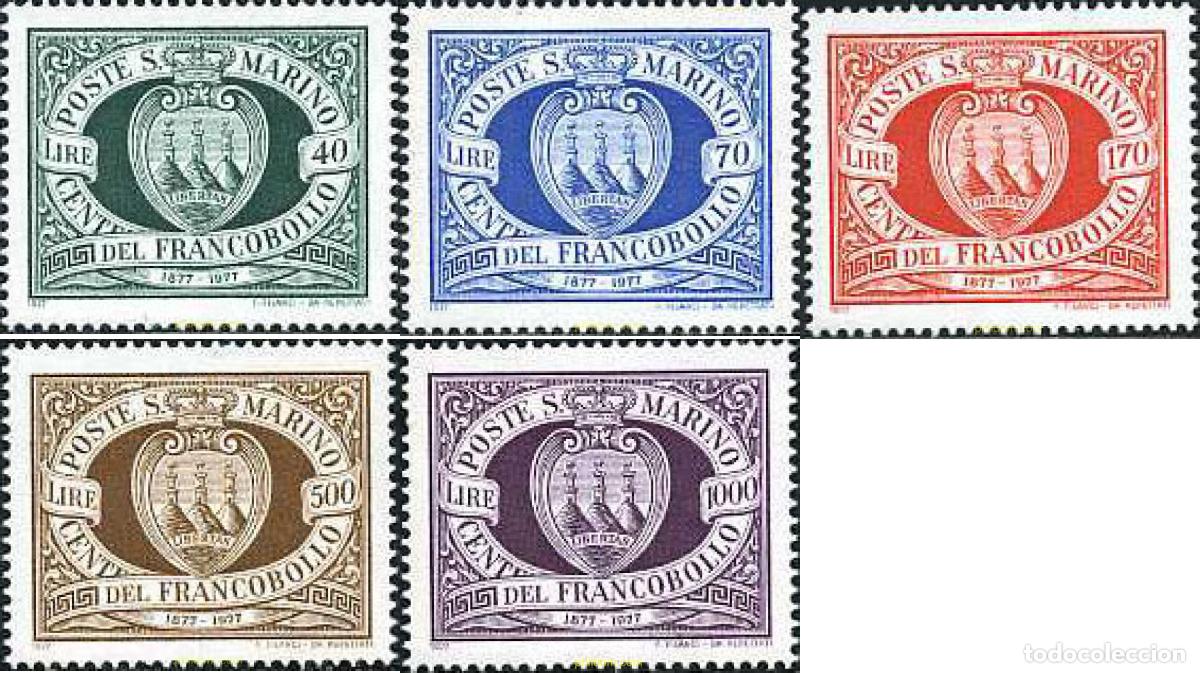 Sellos: 141040 MNH SAN MARINO 1977 CENTENARIO DEL PRIMER SELLO DE SAN MARINO