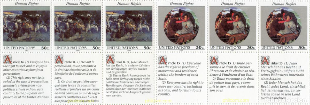 Sellos: 158704 MNH NACIONES UNIDAS. Nueva York 1991 DECLARACION UNIVERSAL DE LOS DERECHOS HUMANOS