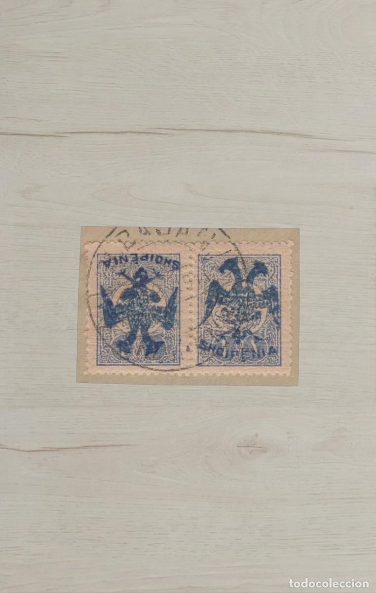 Sellos: Albania 1913-1914 Rare Double Eagle Pair with Inverted Stamp Error - Shqipenia Used on Piece