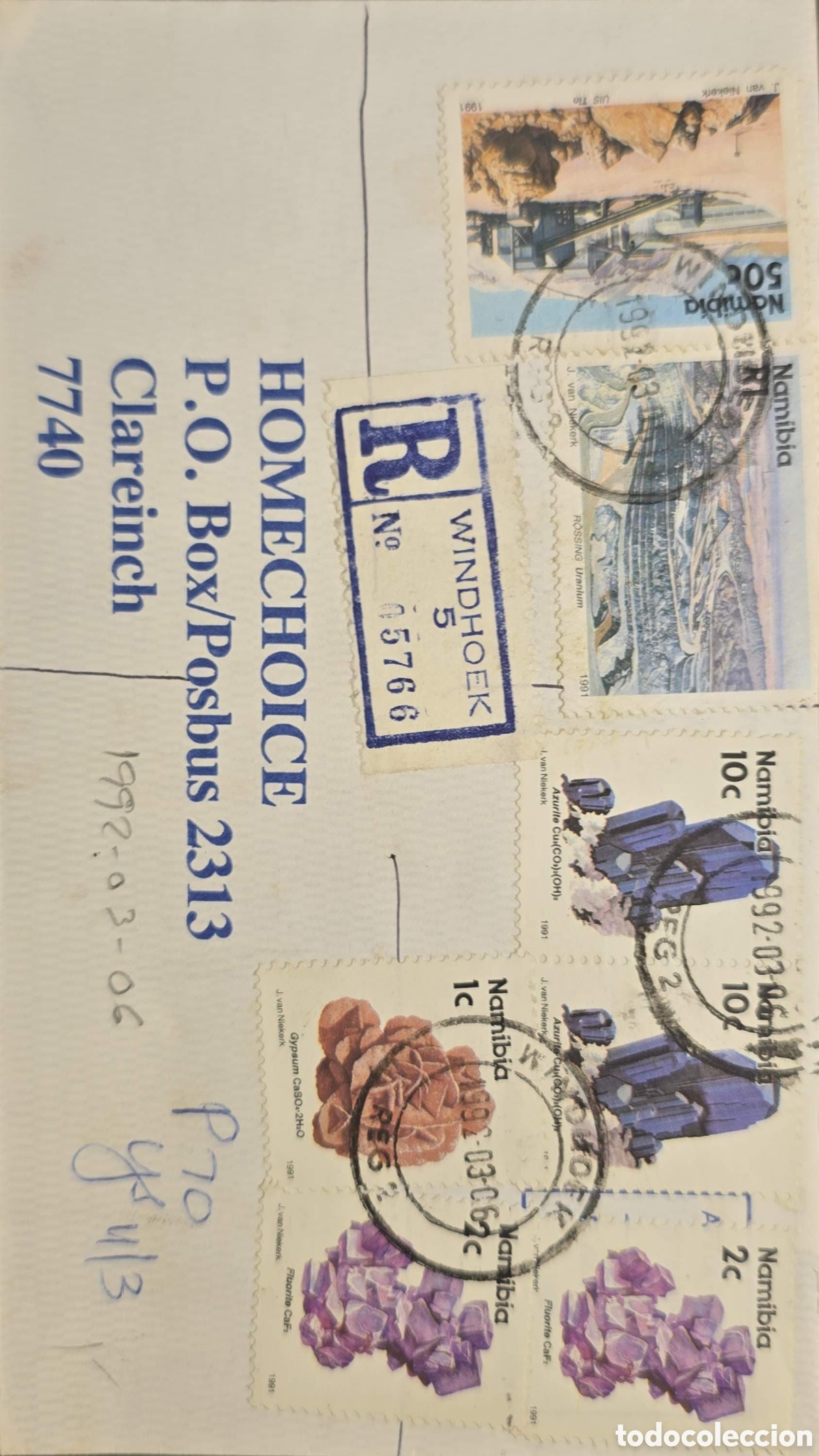 Sellos: CA)Namibia.1991 (year of issue printed on stamps; envelope is postmarked from March 1992).Mining and