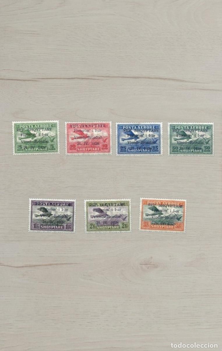 Sellos: Serie Completa Sellos de Albania 1928 - Correo A&eacute;reo - Primer Vuelo Vlor&euml;-Brindisi - 7 Valores - Nue