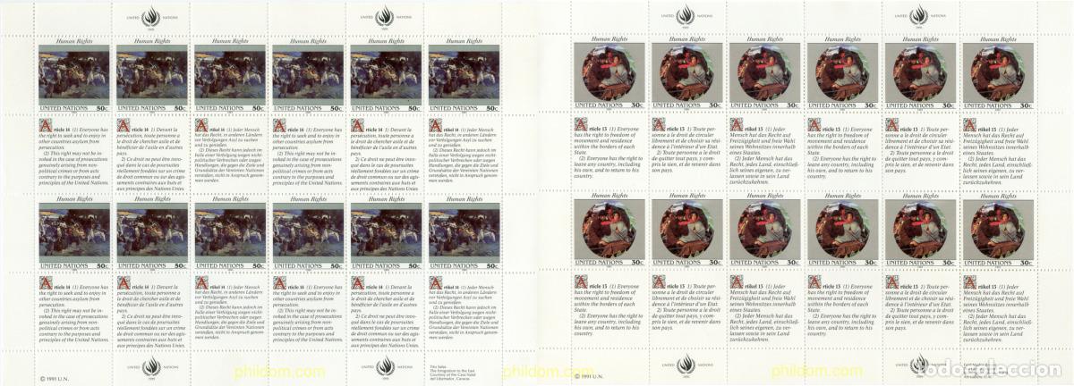 Sellos: 141314 MNH NACIONES UNIDAS. Nueva York 1991 DECLARACION UNIVERSAL DE LOS DERECHOS HUMANOS
