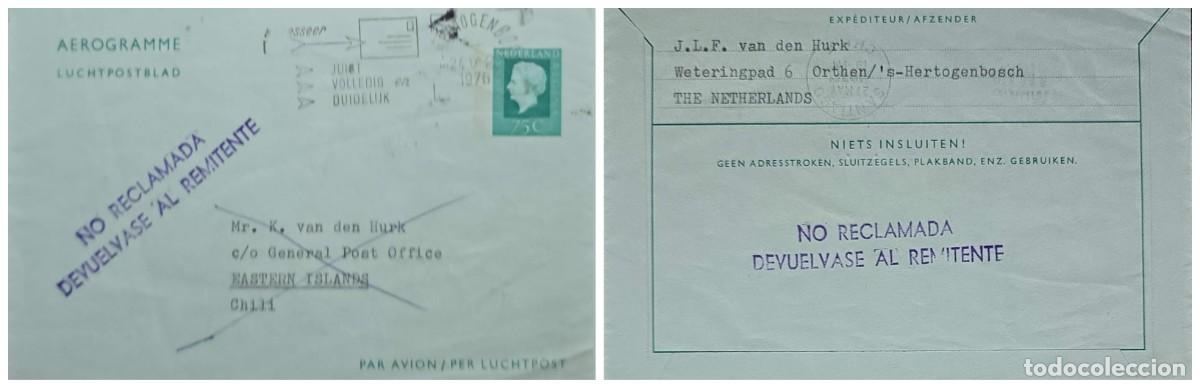 Sellos: O) 1976 NETHERLANDS, QUEEN JULIANA, RETURNED - UNCLAIMED, AEROGRAM, CIRCULATED TO EASTERN ISLANDS,