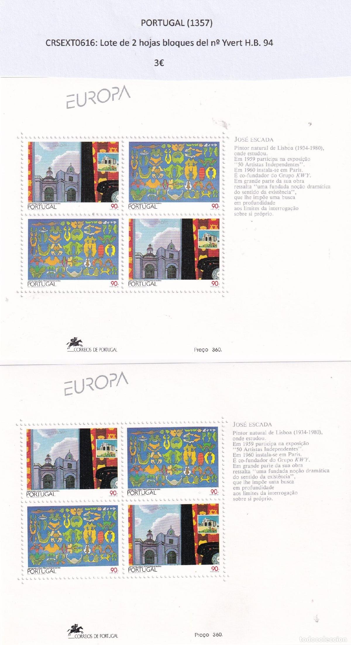 Sellos: CRSEXT0616 SELLOS PORTUGAL Lote de 2 hojas bloques del n&ordm; Yvert H.B. 94
