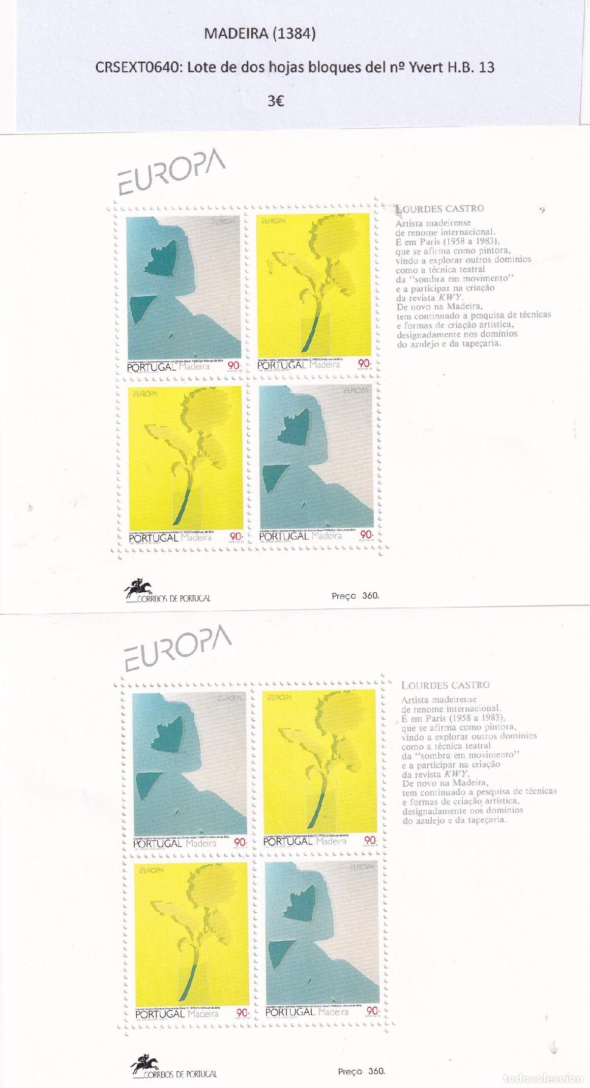 Sellos: CRSEXT0640 SELLOS MADEIRA Lote de dos hojas bloques del n&ordm; Yvert H.B. 13