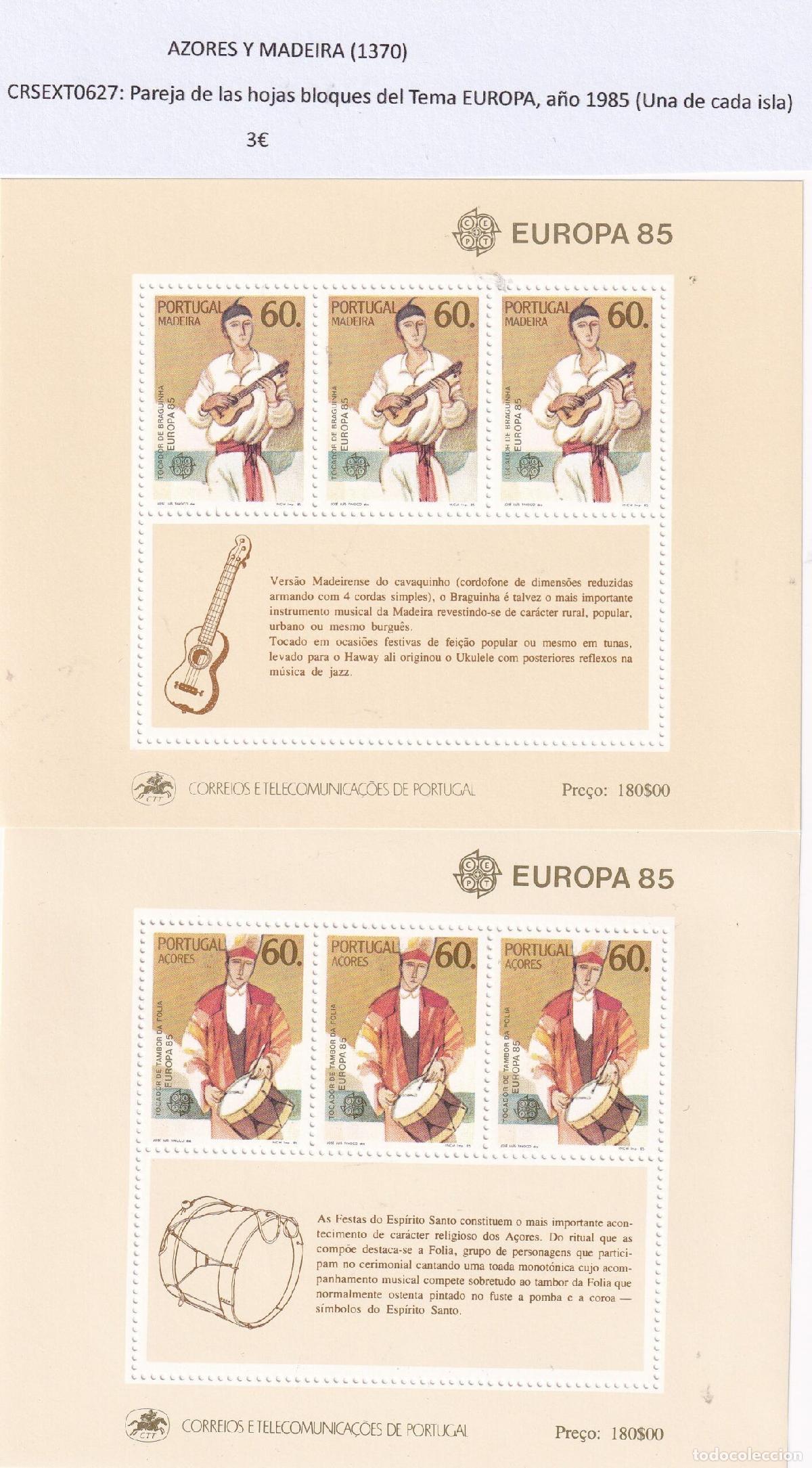 Sellos: CRSEXT0627 SELLOS AZORES Pareja HB del Tema EUROPA, a&ntilde;o 1985 (Una de cada isla)