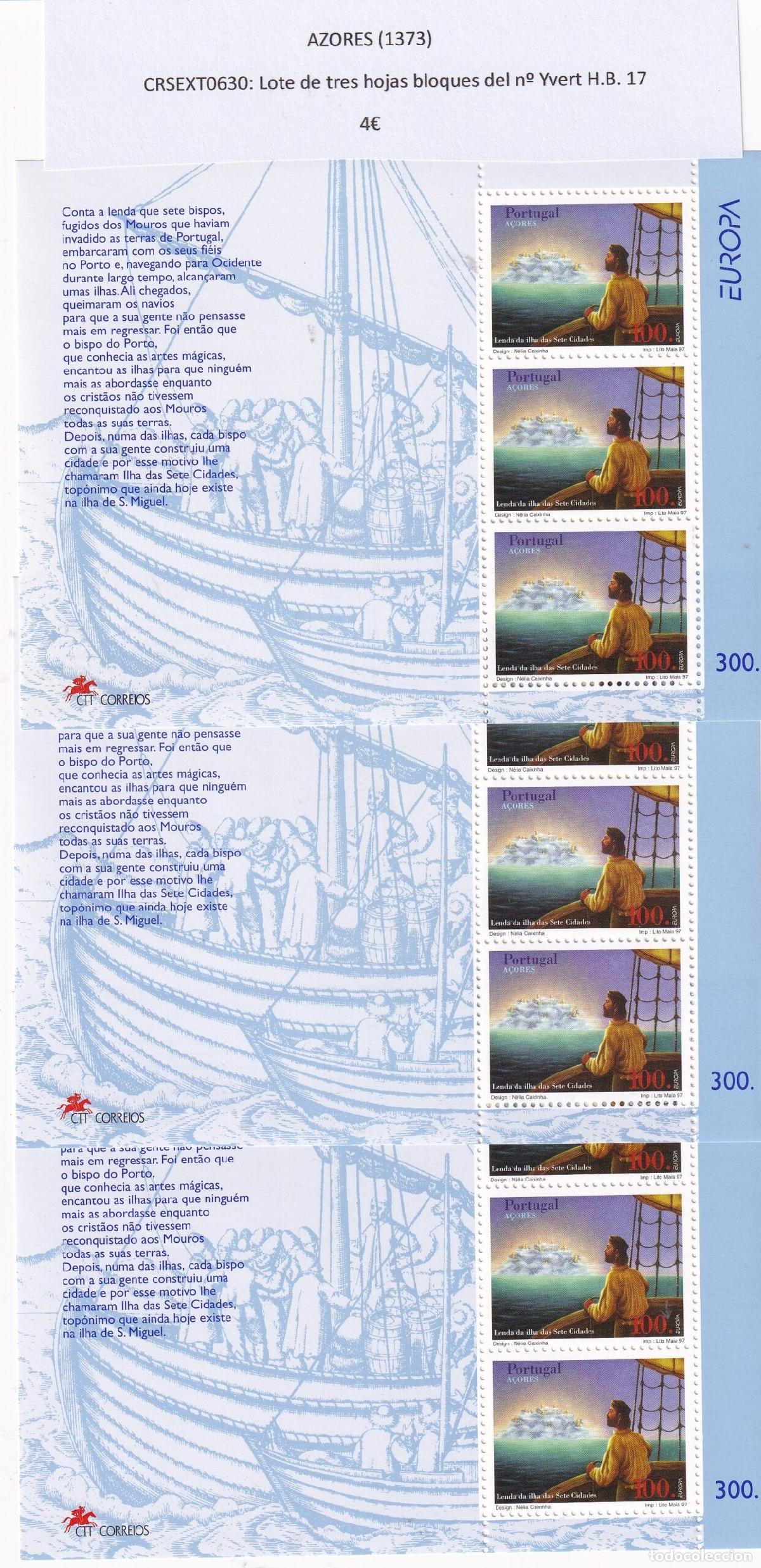 Sellos: CRSEXT0630 SELLOS AZORES Lote de tres hojas bloques del n&ordm; Yvert H.B. 17
