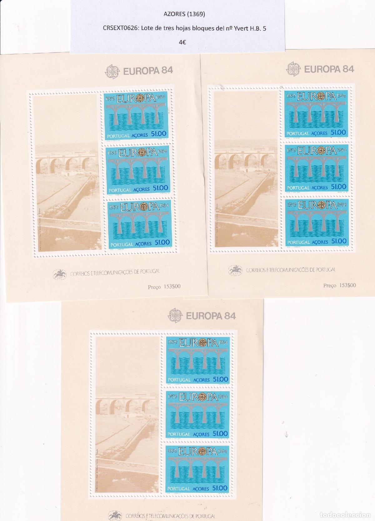 Sellos: CRSEXT0626 SELLOS AZORES Lote de tres hojas bloques del n&ordm; Yvert H.B. 5