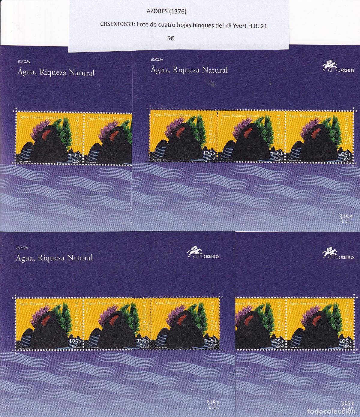 Sellos: CRSEXT0633 SELLOS AZORES Lote de cuatro hojas bloques del n&ordm; Yvert H.B. 21