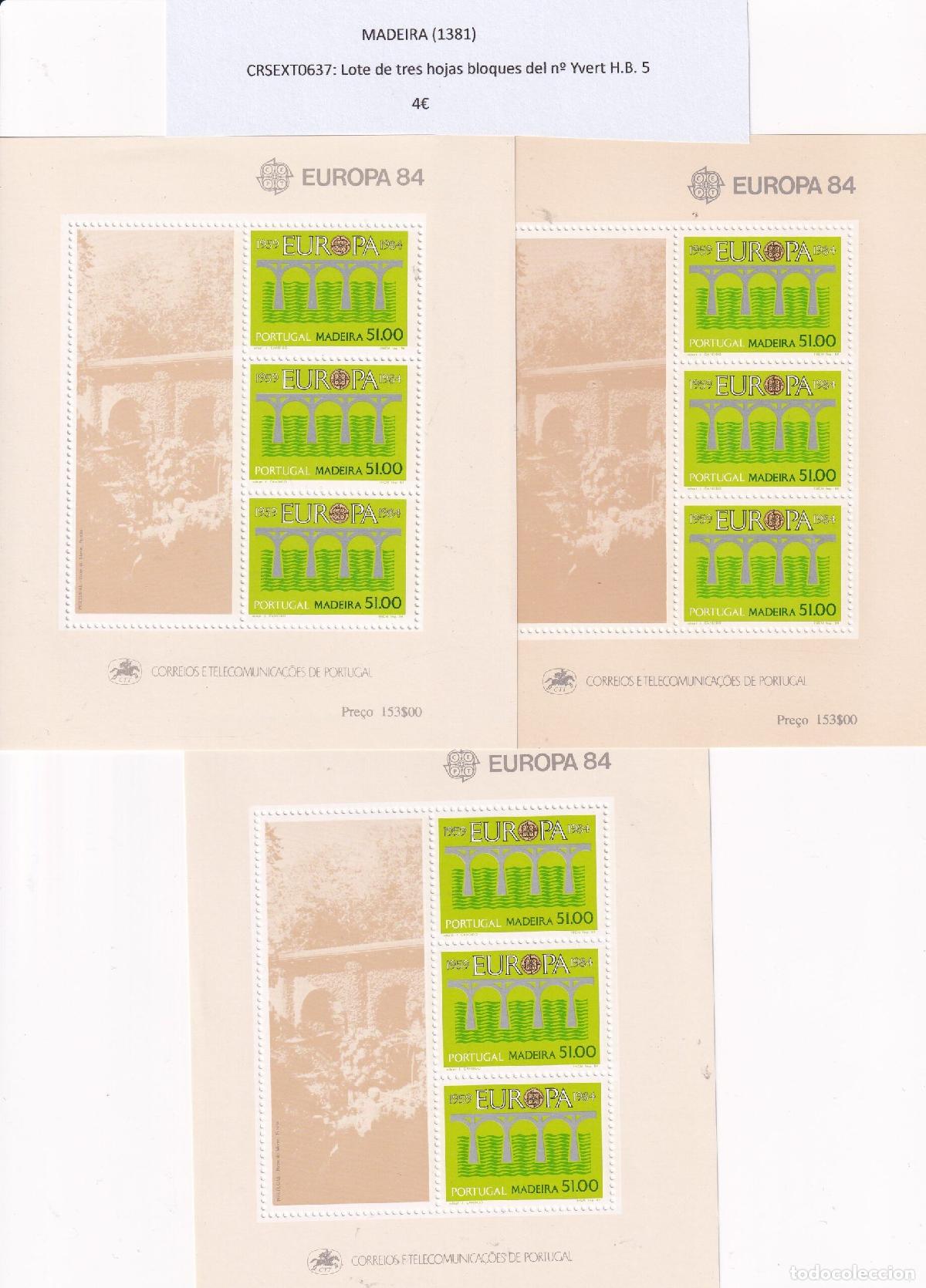 Sellos: CRSEXT0637 SELLOS MADEIRA Lote de tres hojas bloques del n&ordm; Yvert H.B. 5