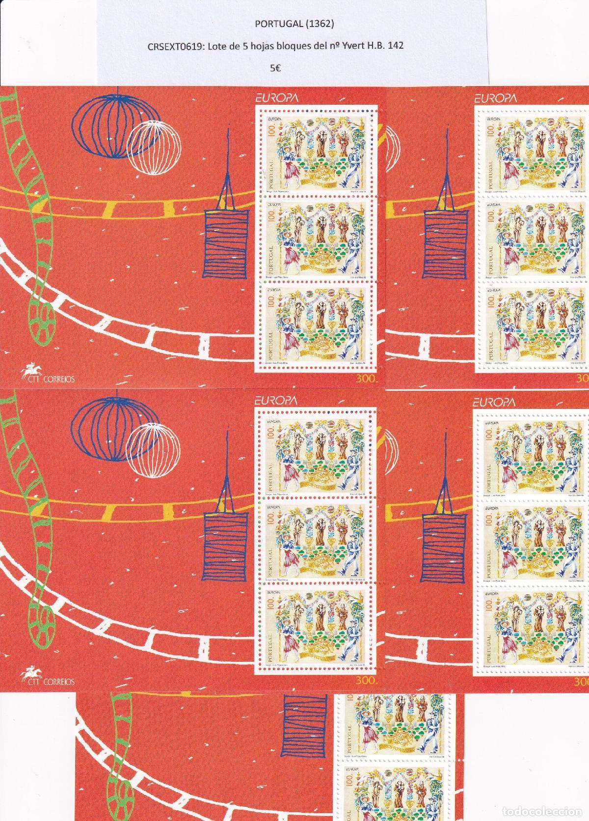 Sellos: CRSEXT0619 SELLOS PORTUGAL Lote de 5 hojas bloques del n&ordm; Yvert H.B. 142