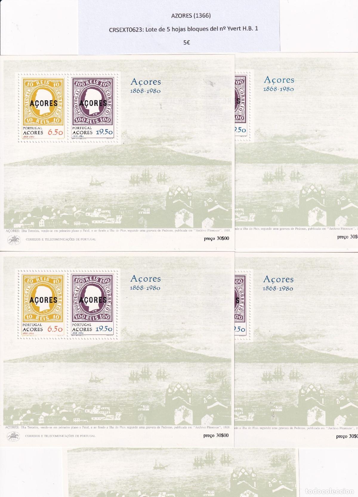 Sellos: CRSEXT0623 SELLOS AZORES Lote de 5 hojas bloques del n&ordm; Yvert H.B. 1