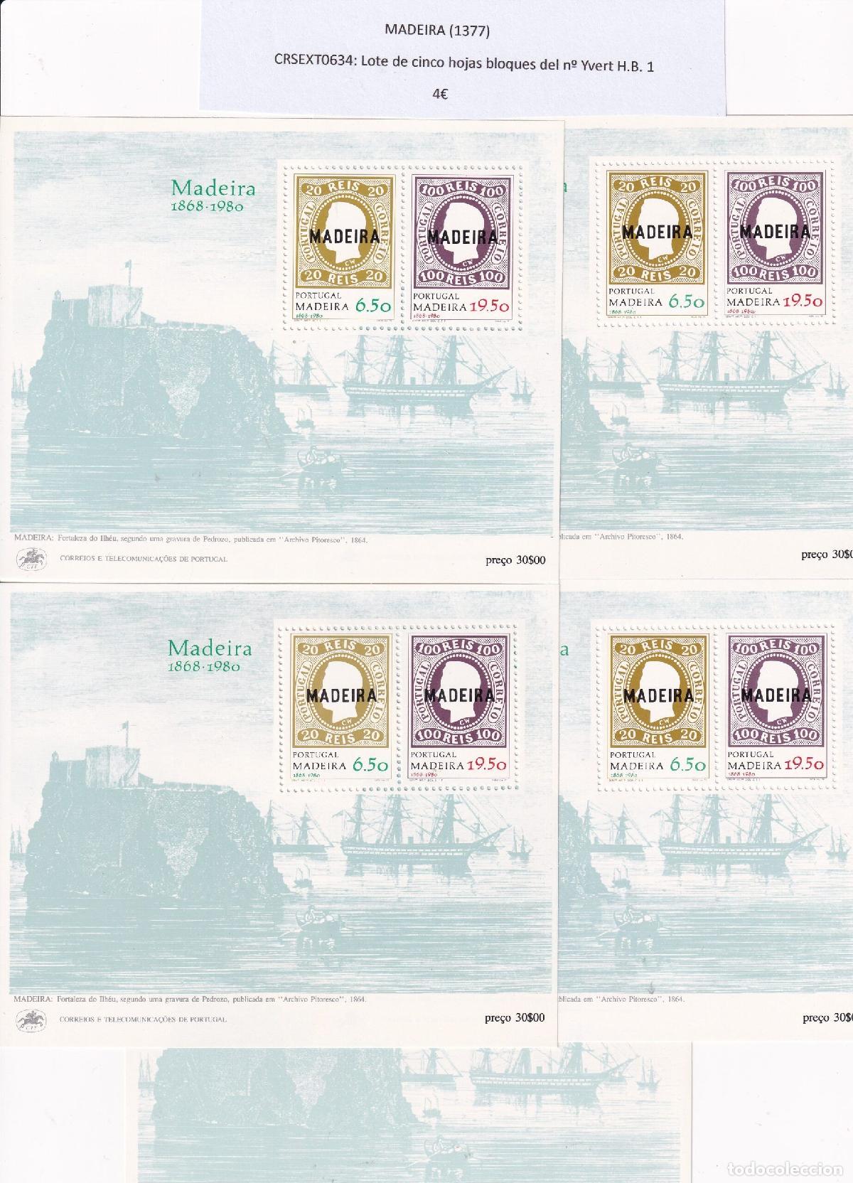 Sellos: CRSEXT0634 SELLOS MADEIRA Lote de cinco hojas bloques del n&ordm; Yvert H.B. 1