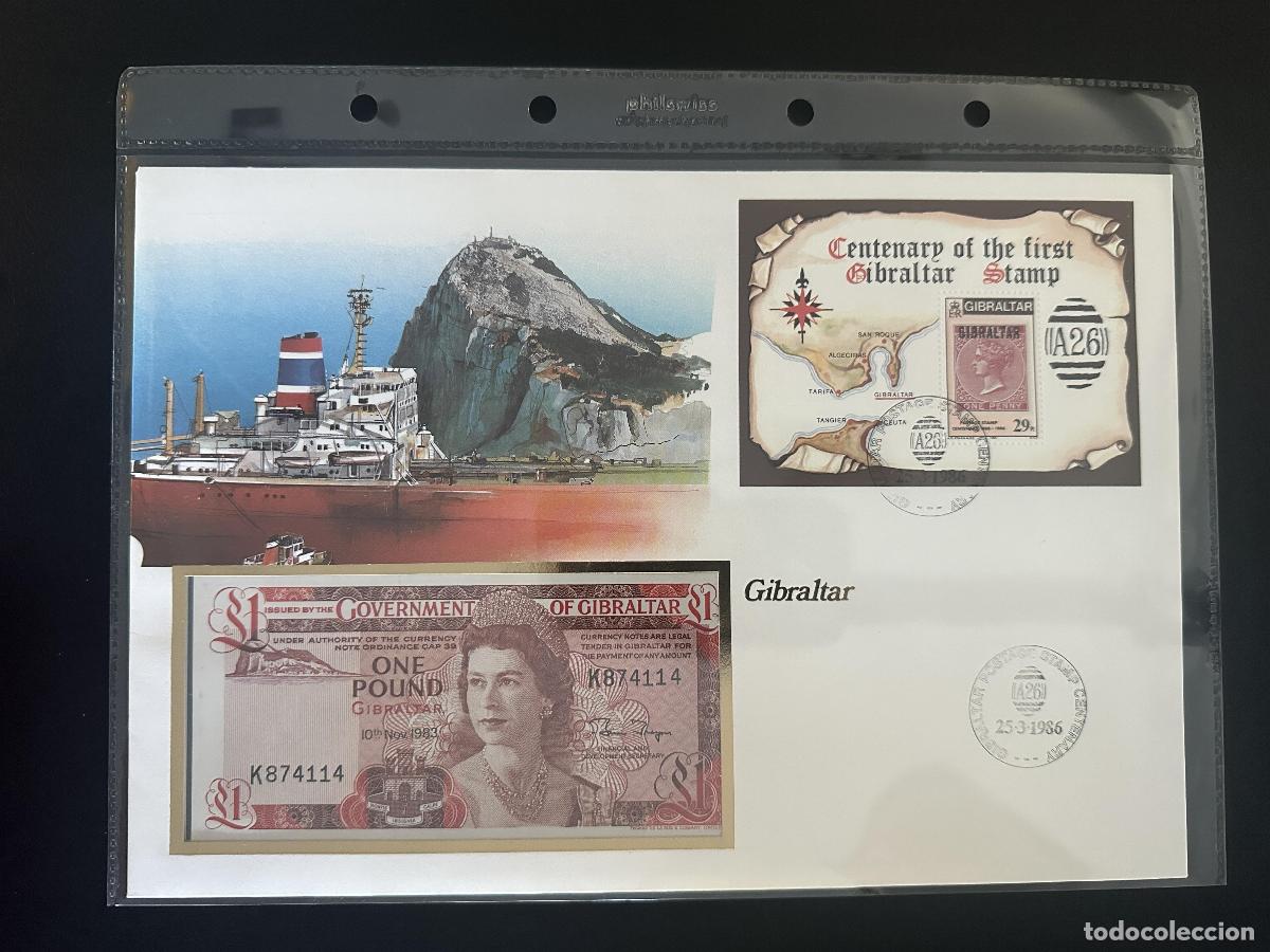 Sellos: Gibraltar 1986 FDC Centenario primer sello bloque billete 1 Libra