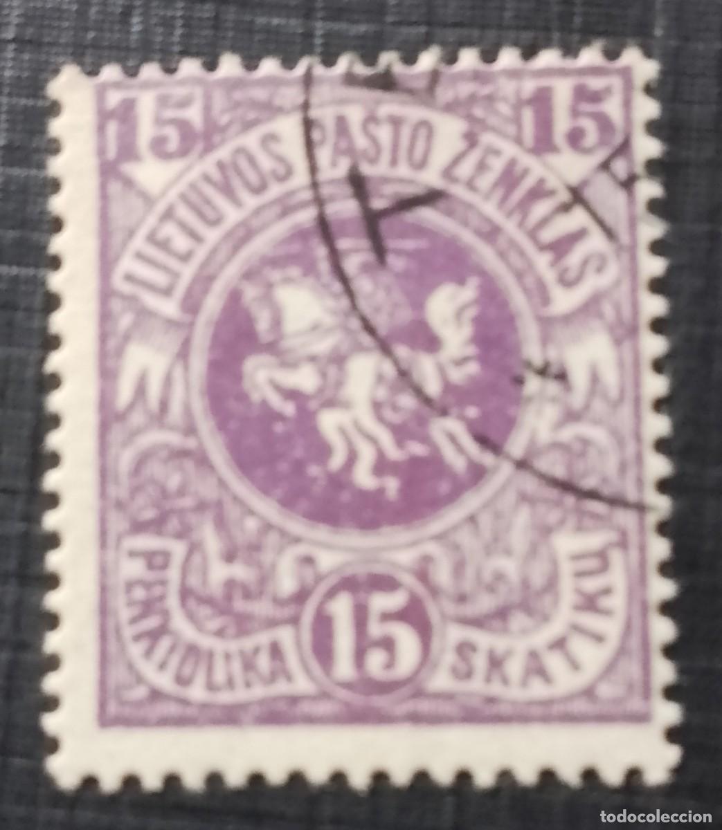 Sellos: LITUANIA,LIETUVOS PASTO ZENKAS - V/F 15- A&Ntilde;O 1919 - JINETE CON ESPADA, A CABALLO