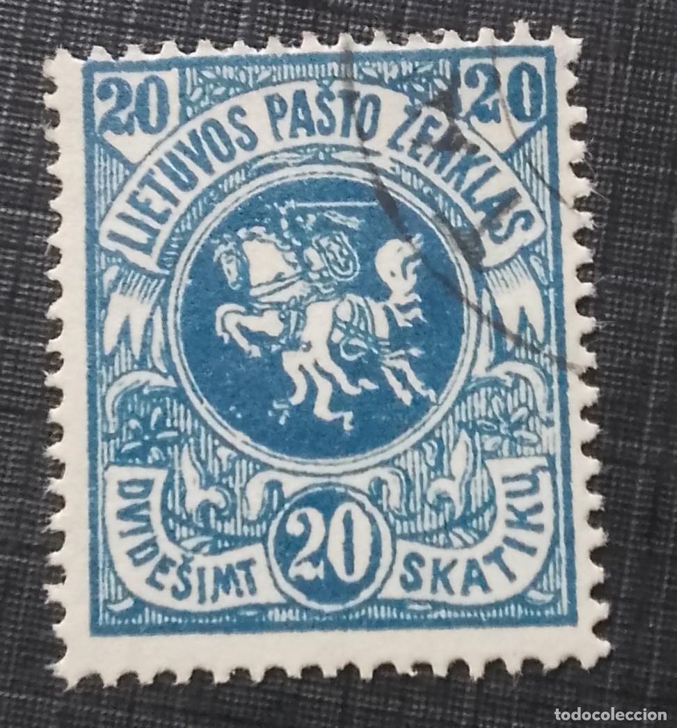 Sellos: LITUANIA,LIETUVOS PASTO ZENKAS - V/F 20 - A&Ntilde;O 1919 - JINETE CON ESPADA, A CABALLO