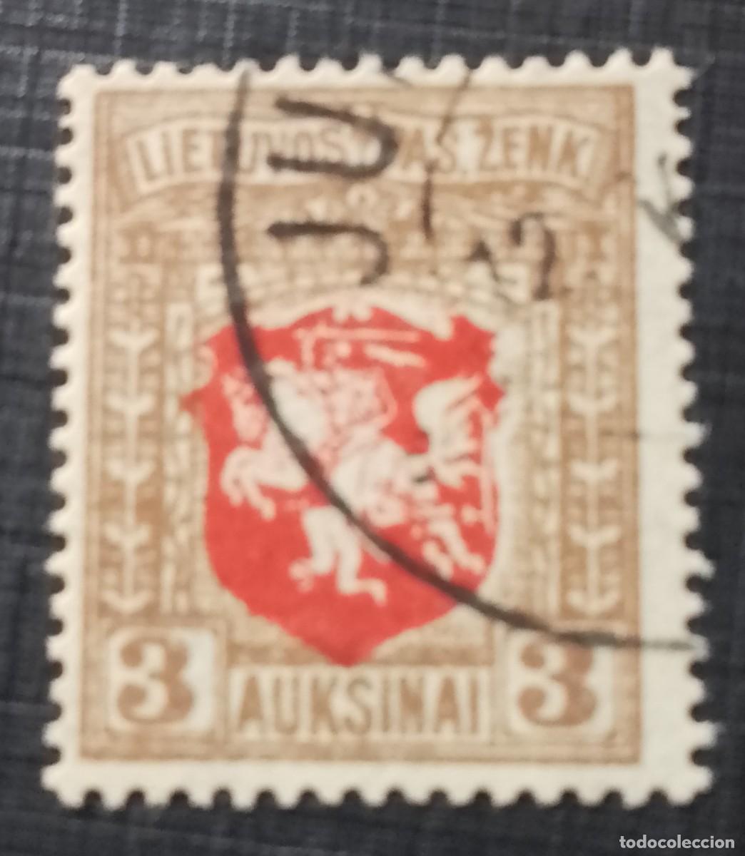 Sellos: LITUANIA,LIETUVOS PASTO ZENKAS - V/F 1 AUKSINAS - A&Ntilde;O 1919- CABALLERO A CABALLO, ESCUDO DE ARMAS