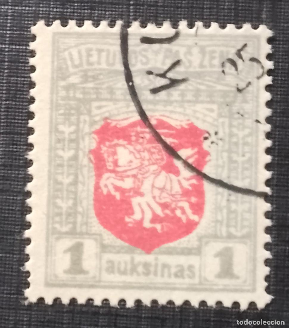 Sellos: LITUANIA,LIETUVOS PASTO ZENKAS - V/F 1 AUKSINAS - A&Ntilde;O 1919- CABALLERO A CABALLO, ESCUDO DE ARMAS